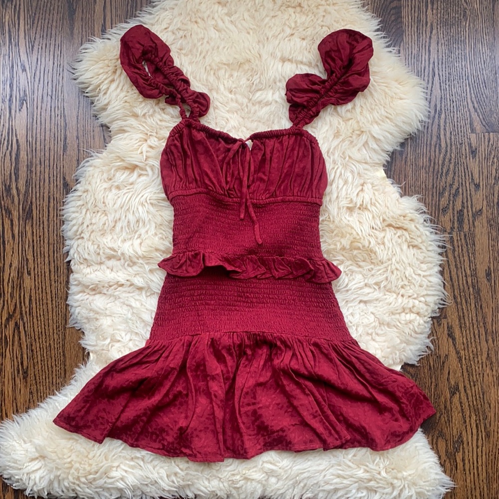 SKYLAR + MADISON Burgundy Ruffled Smock Dress!